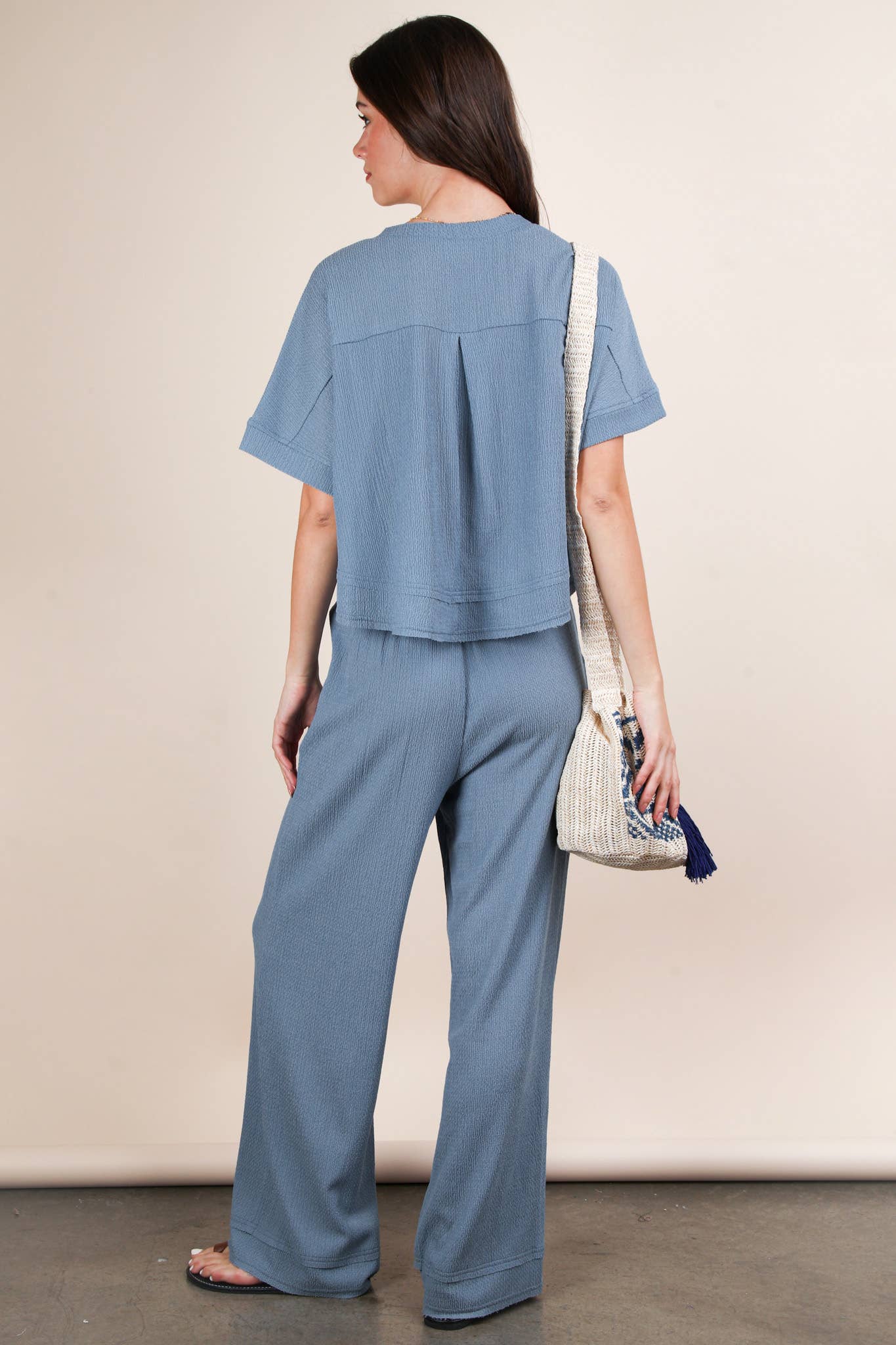 Textured Knit Comfy Casual Top & Pants Set: DENIM