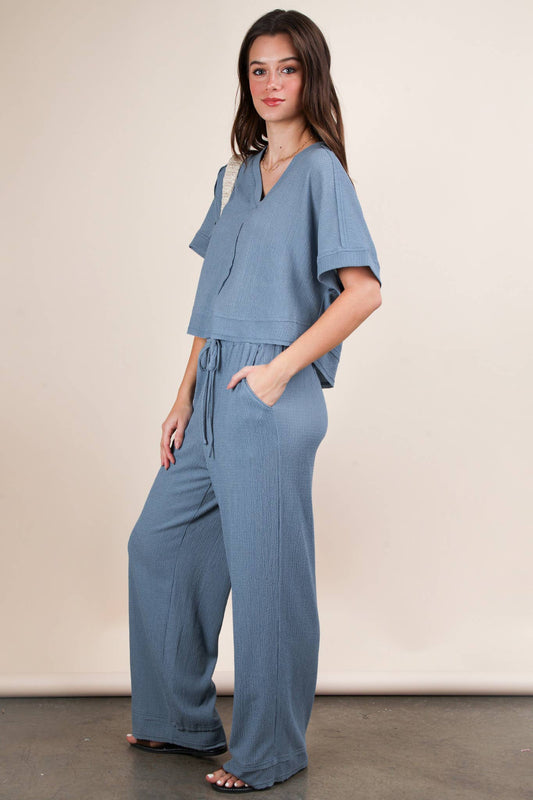 Textured Knit Comfy Casual Top & Pants Set: DENIM