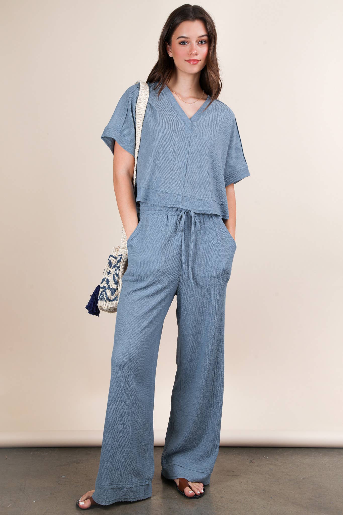 Textured Knit Comfy Casual Top & Pants Set: DENIM