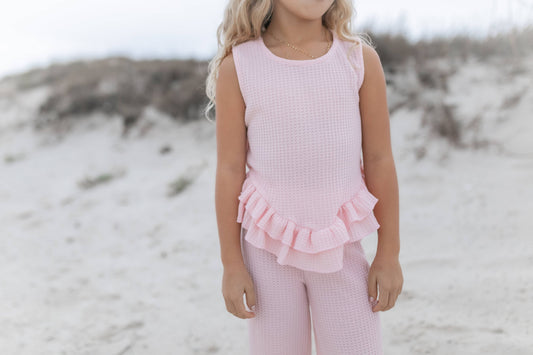 Kids Pink Ruffle Waffle Knit Spring Summer Set