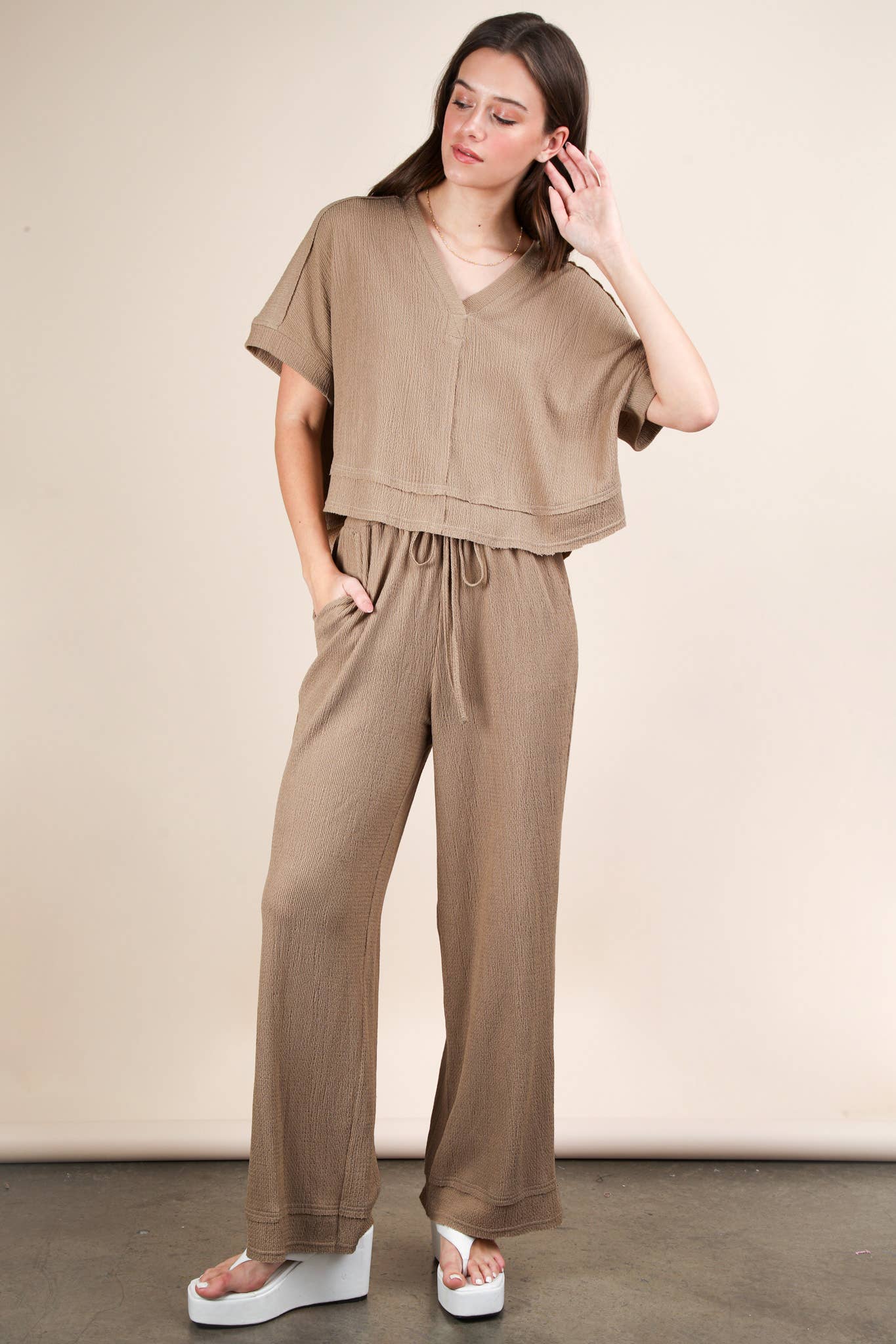 Textured Knit Comfy Casual Top & Pants Set: MOCHA