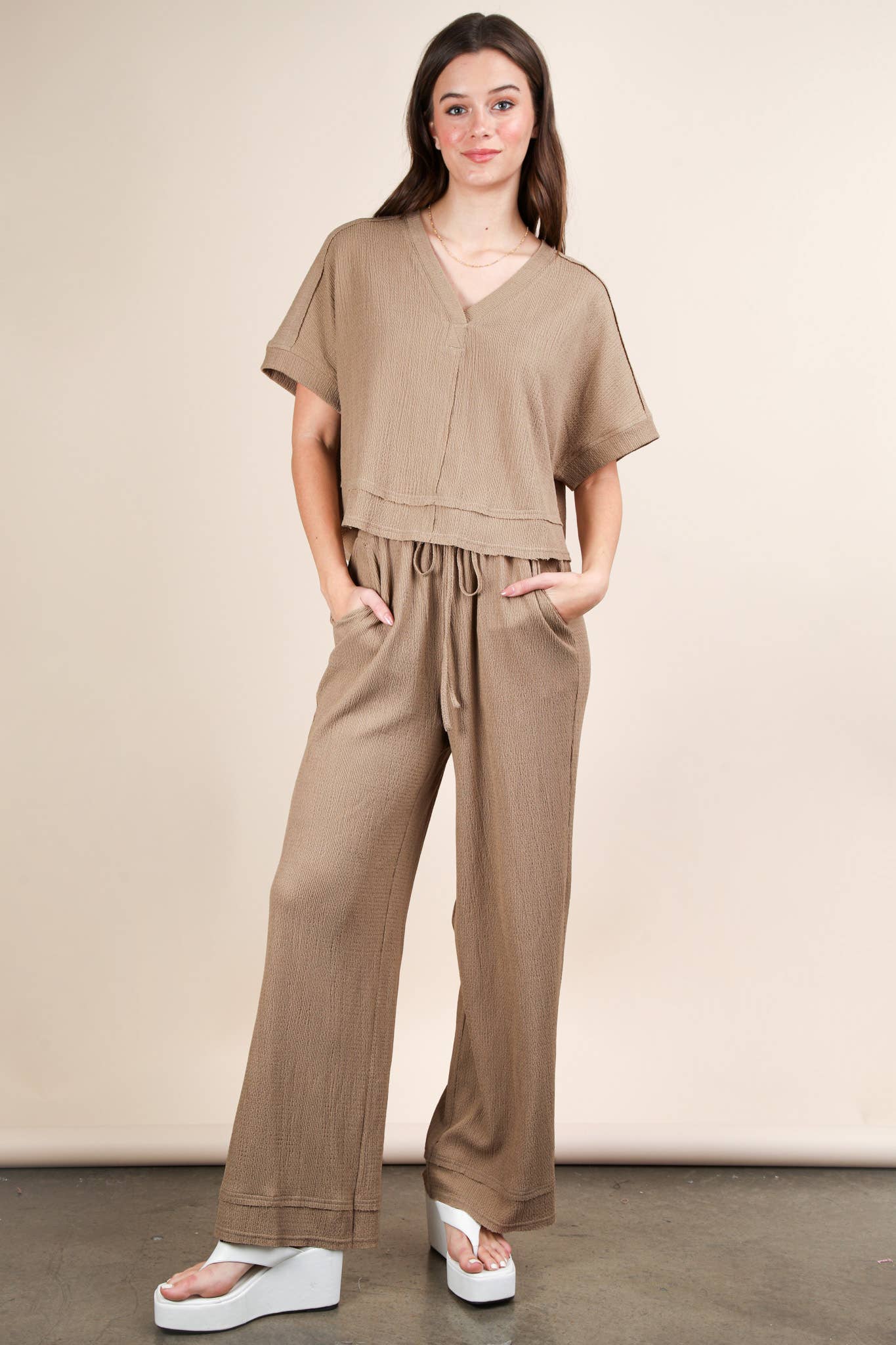 Textured Knit Comfy Casual Top & Pants Set: MOCHA