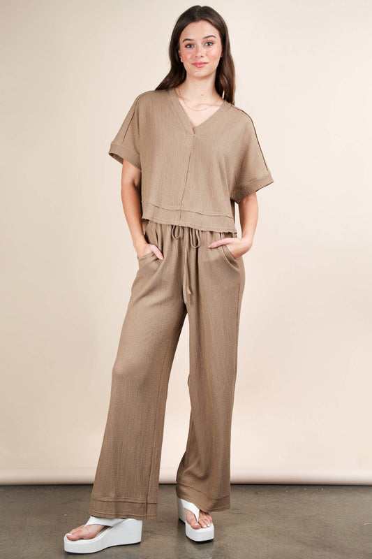 Textured Knit Comfy Casual Top & Pants Set: MOCHA