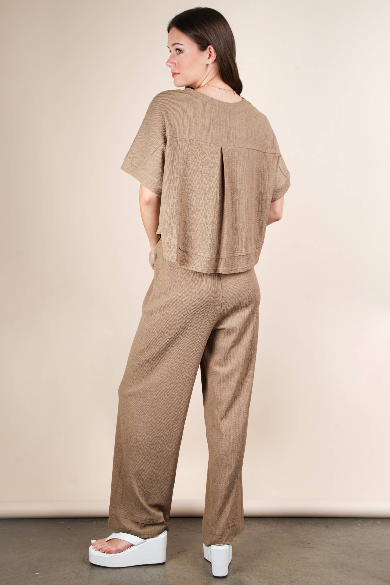 Textured Knit Comfy Casual Top & Pants Set: MOCHA
