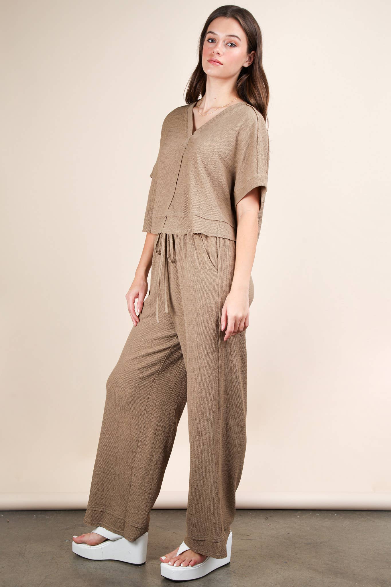 Textured Knit Comfy Casual Top & Pants Set: MOCHA
