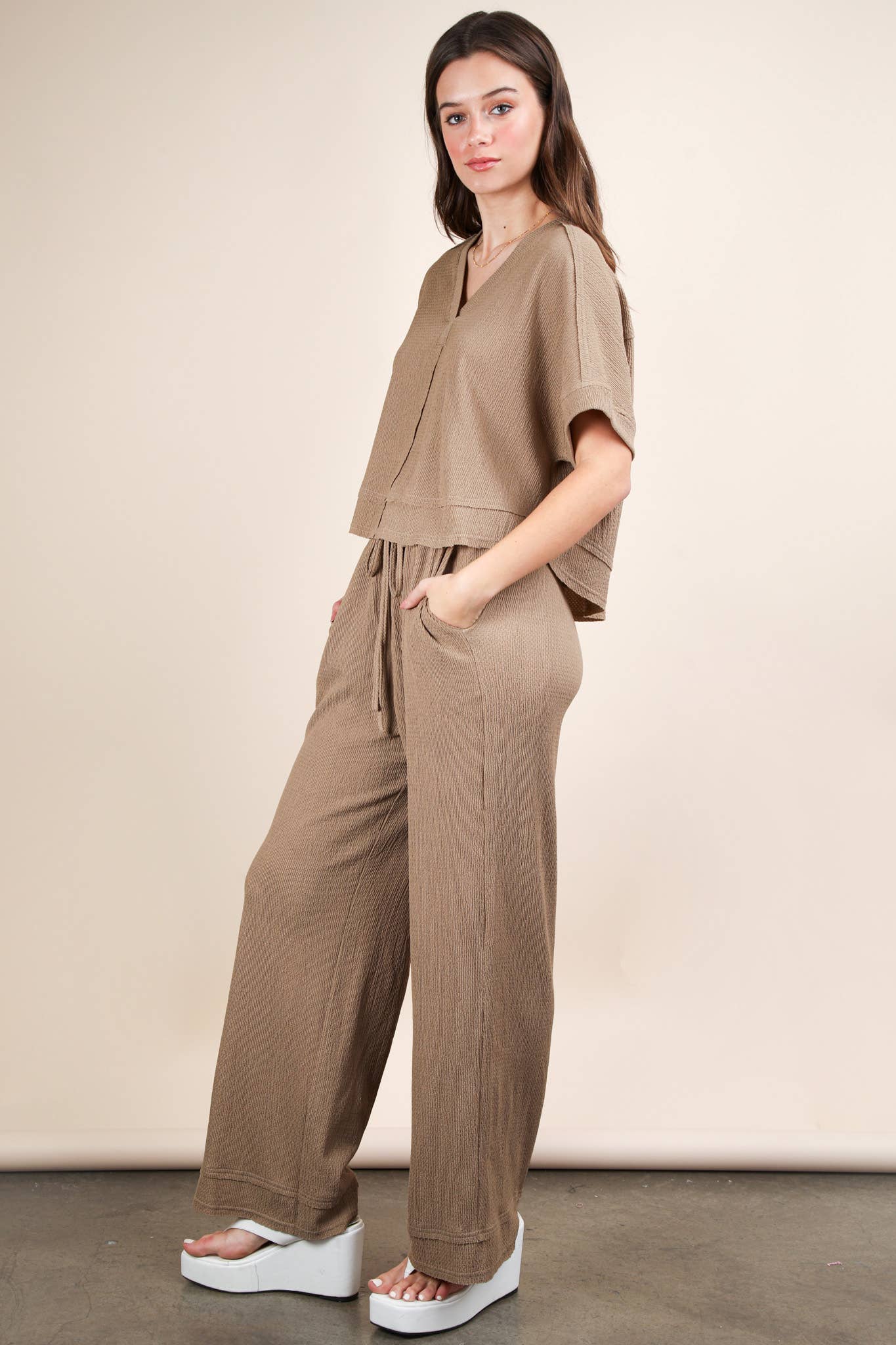 Textured Knit Comfy Casual Top & Pants Set: MOCHA